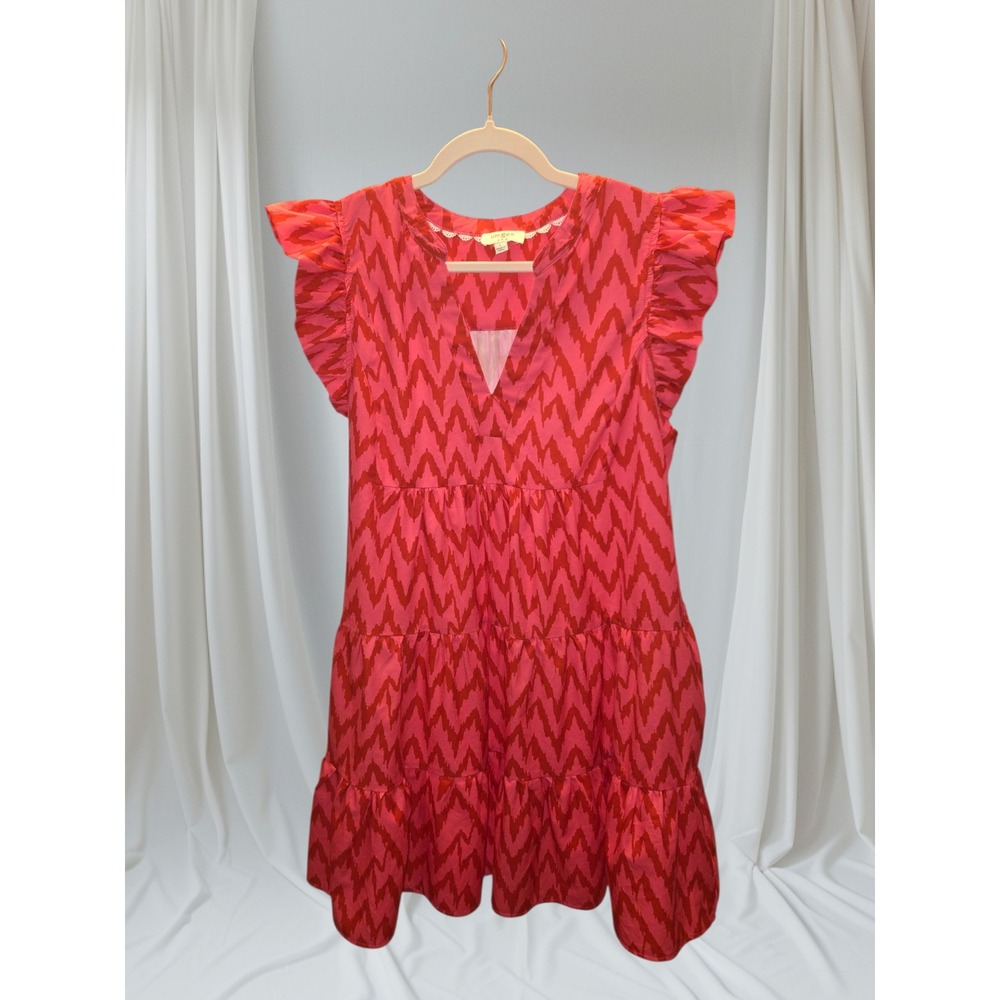 Umgee Pink & Red Chevron‎ Flutter Sleeve Tiered Dress -Size L